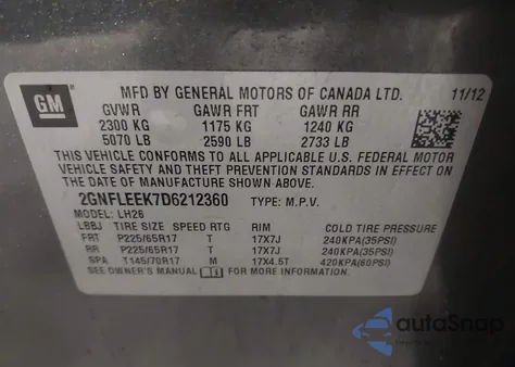 2013 Chevrolet Equinox 1Lt из США, поврежденный, VIN 2GNFLEEK7D6212360